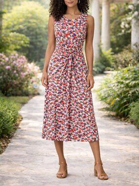 Amour Vert 100% Silk Floral Wrap Tie Waist Long Midi Dress S Made in USA Classic